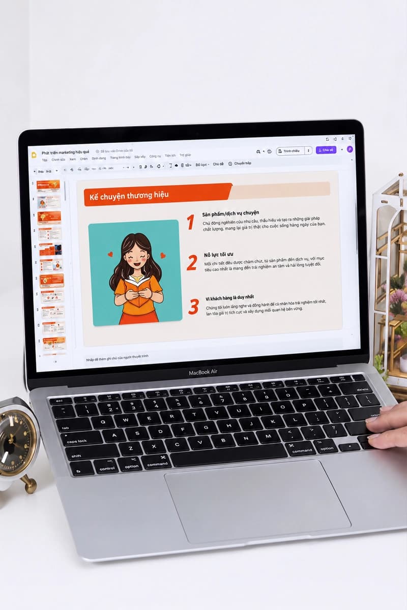 Kết quả học viên 9 — slide kể chuyện thương hiệu trên laptop